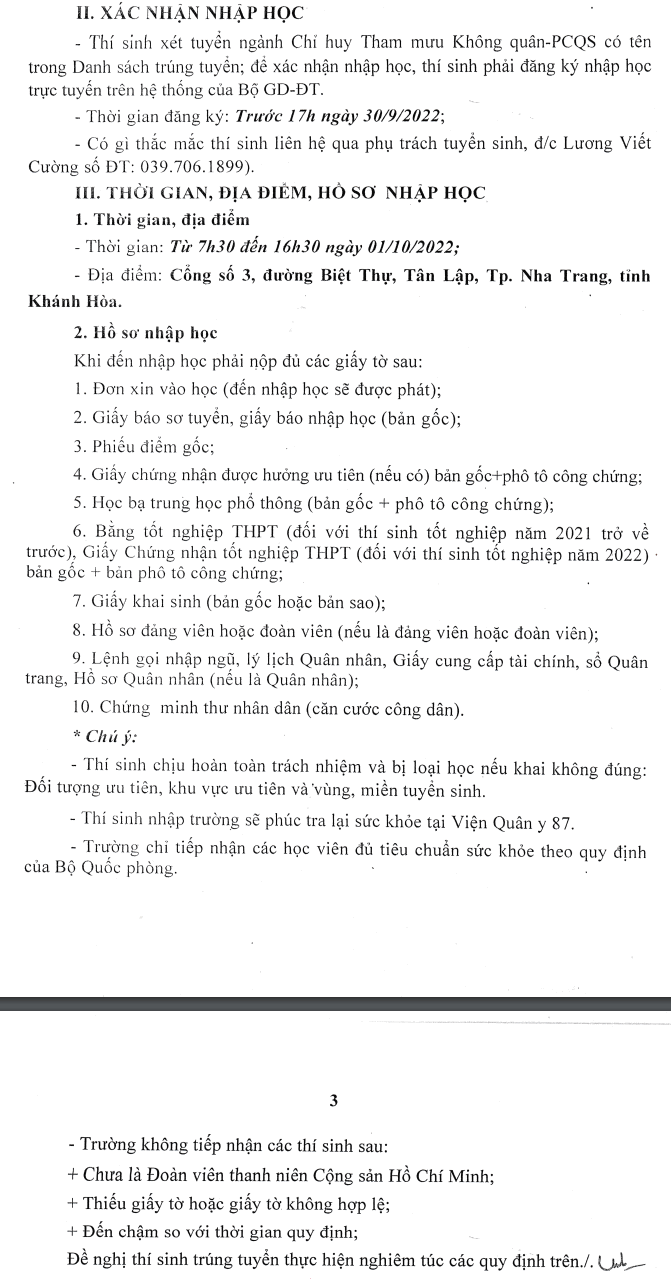 Ho so nhap hoc vao truong Si quan Khong quan 2022