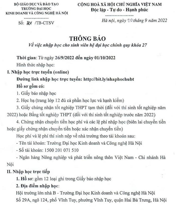 Ho so nhap hoc Dai hoc Kinh doanh va Cong nghe Ha Noi nam 2022