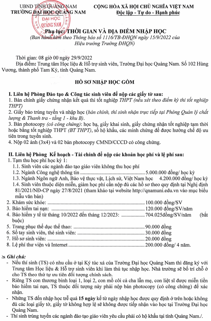 Ho so nhap hoc nam 2022 Dai hoc Quang Nam