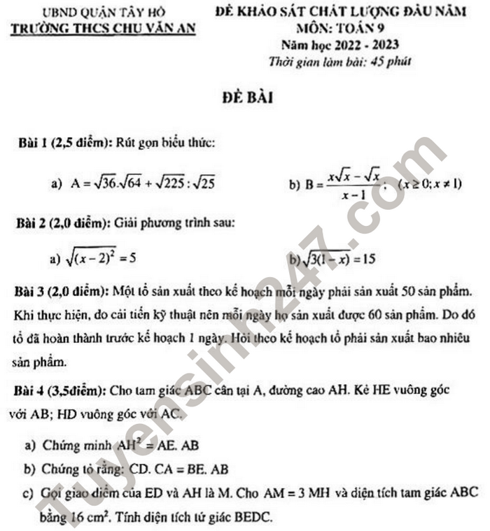 De KSCL dau nam lop 9 mon Toan - THCS Chu Van An 2022