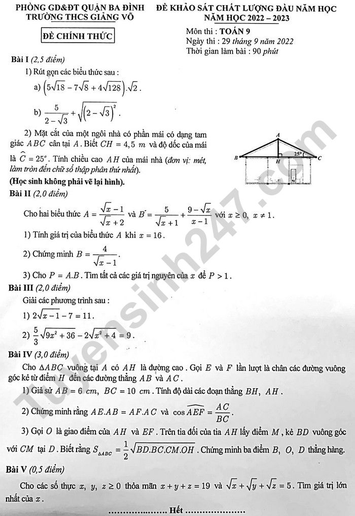 De KSCL dau nam 2022 lop 9 mon Toan - THCS Giang Vo