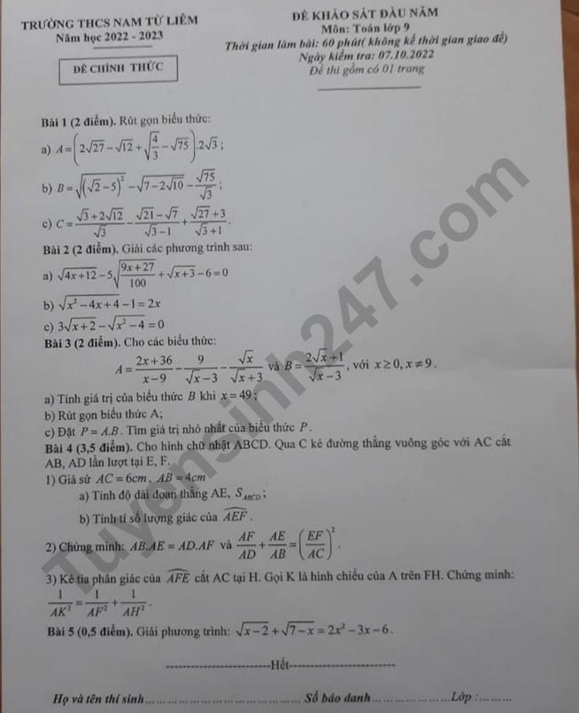 De khao sat dau nam mon Toan lop 9 nam 2022 - THCS Nam Tu Liem