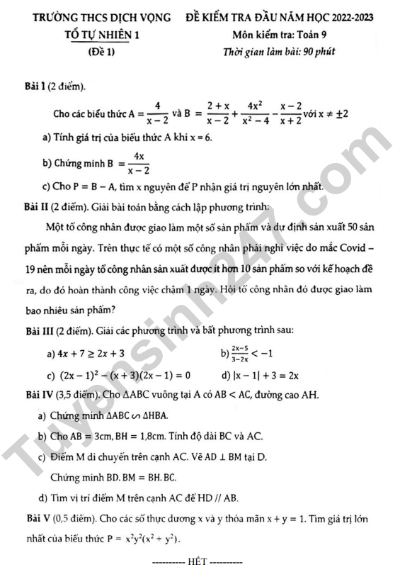 De KSCL dau nam mon Toan lop 9 - THCS Dich Vong 2022