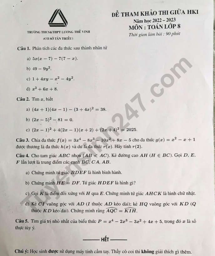 De giua ki 1 lop 8 nam 2022 mon Toan - THCS THPT Luong The Vinh (Tham khao)