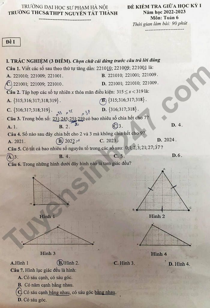 De thi giua ki 1 mon Toan lop 6 THCS&THPT Nguyen Tat Thanh 2022