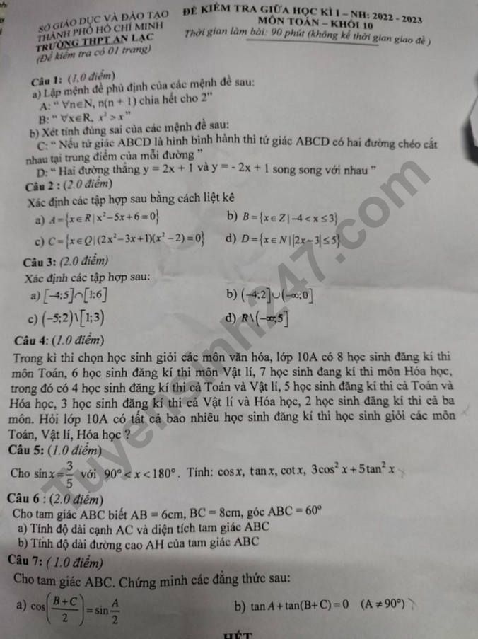 De giua ki 1 mon Toan lop 10 nam 2022 - THPT An Lac