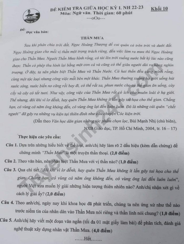 De thi giua ki 1 lop 10 mon Van 2022 - THPT Gia Dinh