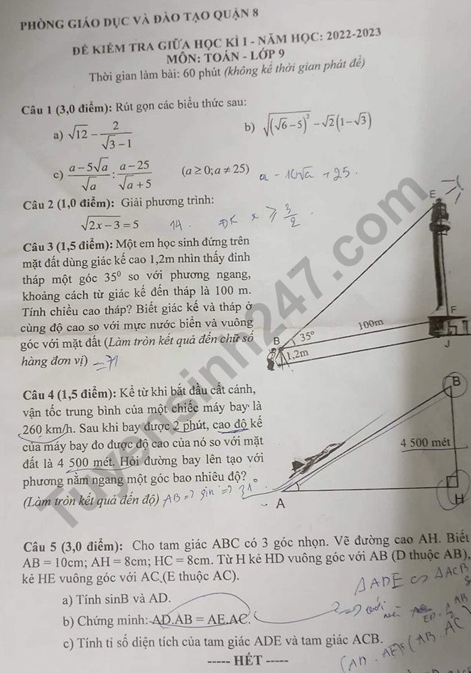 De thi giua ki 1 mon Toan 9 nam 2022 - Quan 8