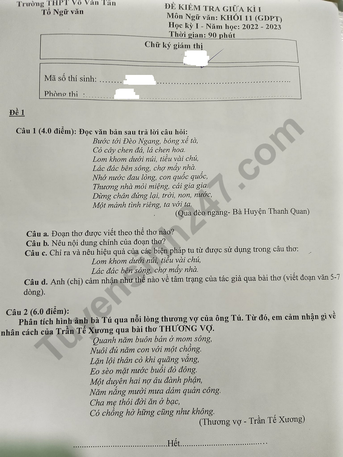 De giua ki 1 lop 11 nam 2022 mon Van - THPT Vo Van Tan