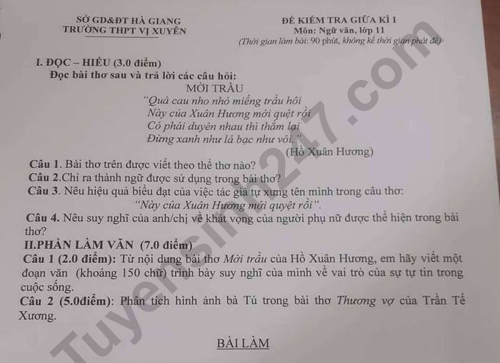 De thi giua ki 1 lop 11 mon Van - THPT Vi Xuyen 2022