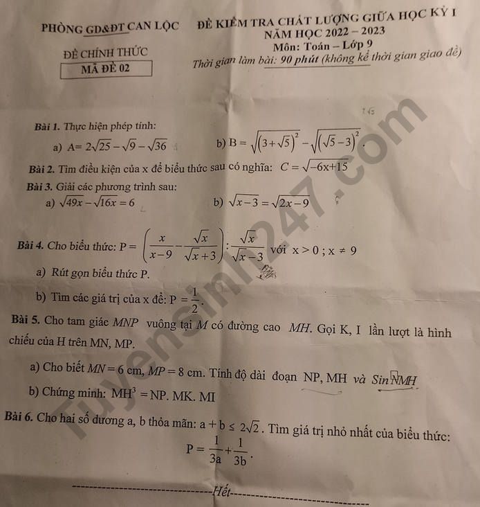 De thi GK1 lop 9 mon Toan 2022 - THCS Can Loc