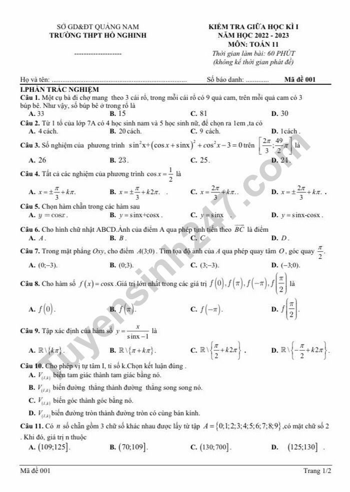 De kiem tra giua ki 1 lop 11 mon Toan nam 2022 truong THPT Ho Nghinh