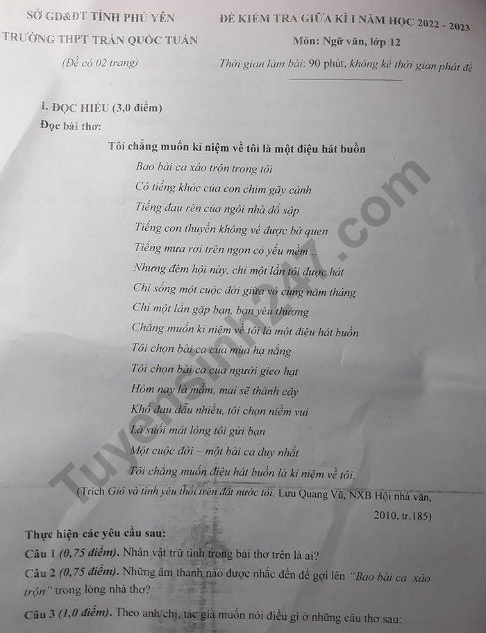 De giua ki 1 lop 12 nam 2022 mon Ngu Van Truong THPT - Tran Quoc Tuan