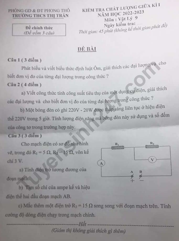 De kiem tra giua ki 1 lop 9  mon Ly 2022 THCS thi tran Phong Tho