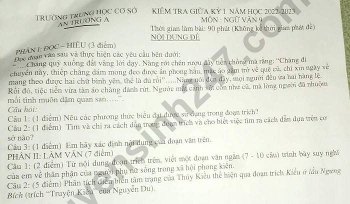 De thi giua ki 1 mon Ngu Van lop 9 truong THCS - An Truong A nam 2022