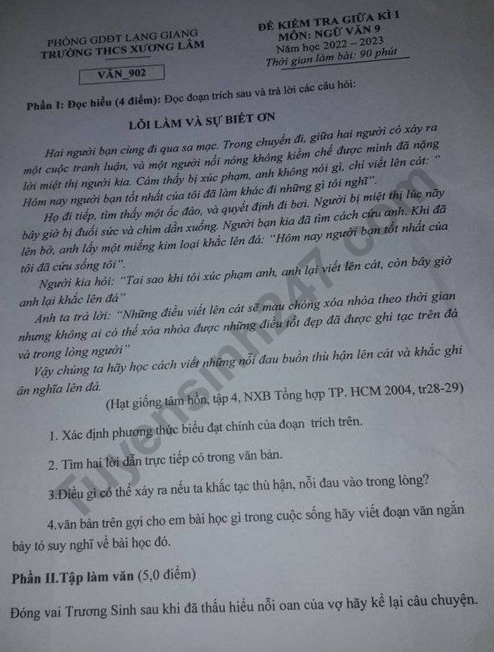 De thi GK1 lop 9 mon Ngu van nam 2022 truong THCS - Xuong Lam