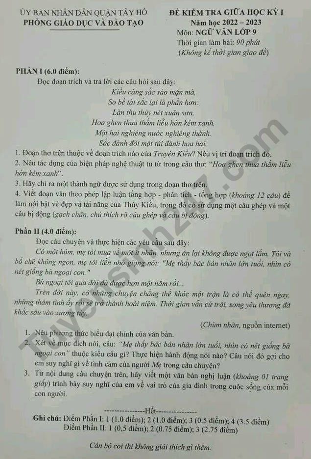 De thi giua ki 1 lop 9 mon Van 2022 - Quan Tay Ho