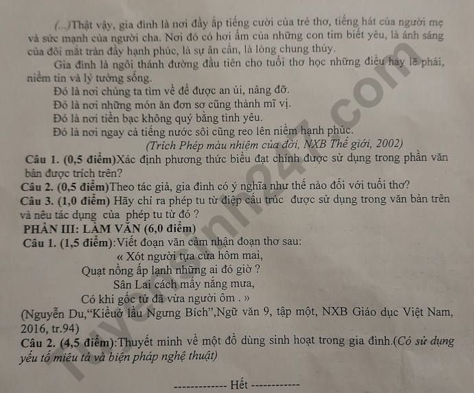 De kiem tra giua ki 1 lop 9 mon Ngu Van 2022 - THCS Nam Truc