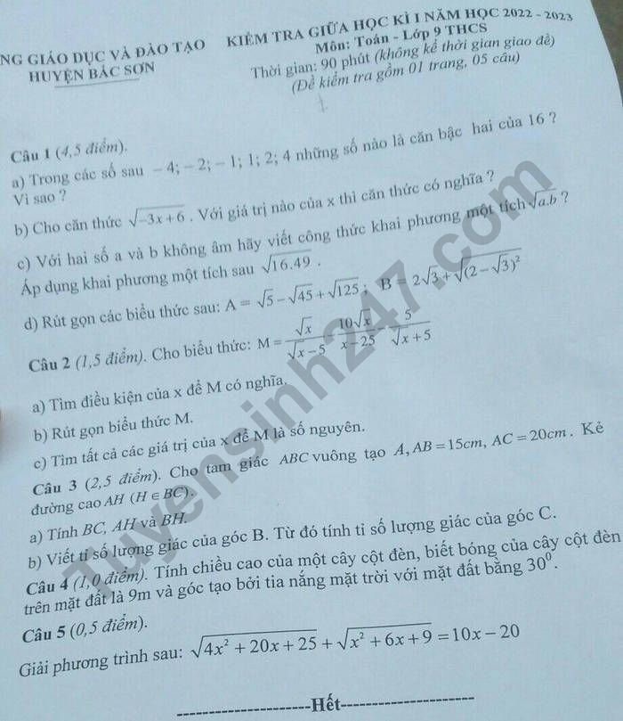 De kiem tra giua ki 1 lop 9 mon Toan nam 2022 truong Bac Son