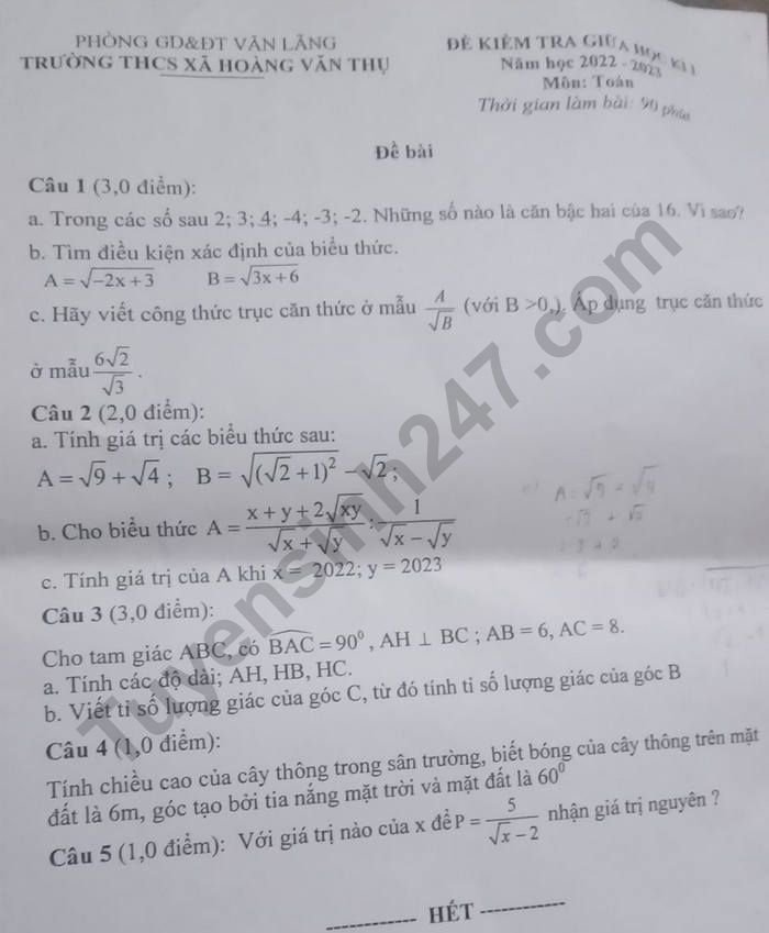 De thi giua ki 1 mon Toan lop 9 truong THCS - Xa Hoang Van Thu nam 2022