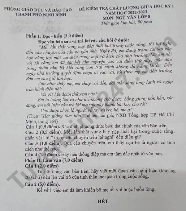 De thi giua ki 1 lop 8 mon Van - Phong GD Ninh Binh 2022