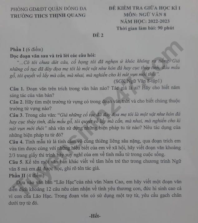 De kiem tra GK 1 mon Van lop 8 nam 2022 - THCS Thinh Quang