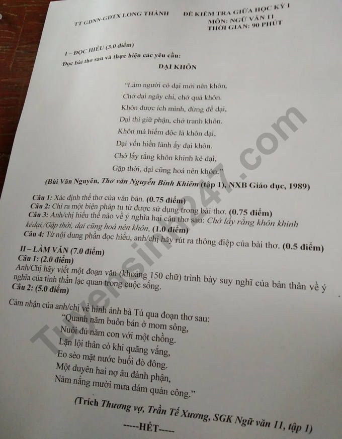 De kiem tra giua ki 1 lop 11 mon Ngu Van nam 2022 - GDTX Long Thanh