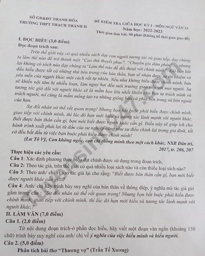 De thi giua ki 1 lop 11 mon Ngu Van nam 2022 - THPT Thach Thanh II