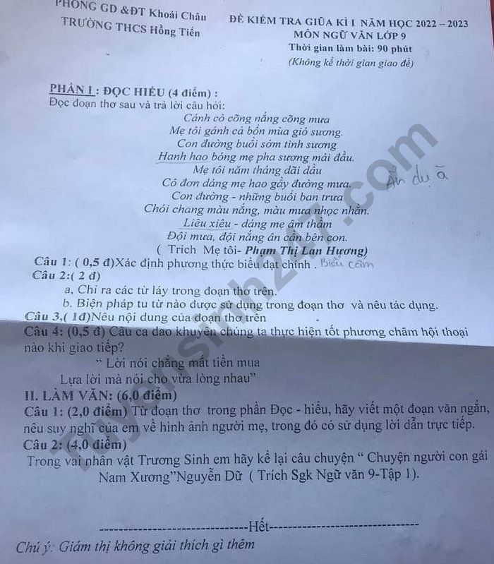De giua ki 1 lop 9 nam 2022 mon Ngu Van - THCS Hong Tien