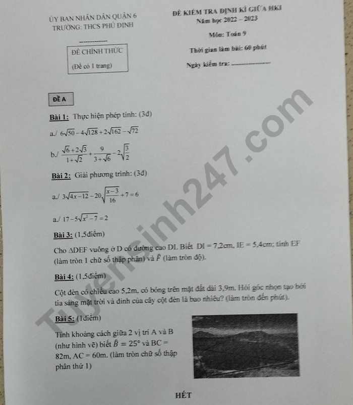 De giua ki 1 lop 9 nam 2022 mon Toan - THCS Phu Dinh