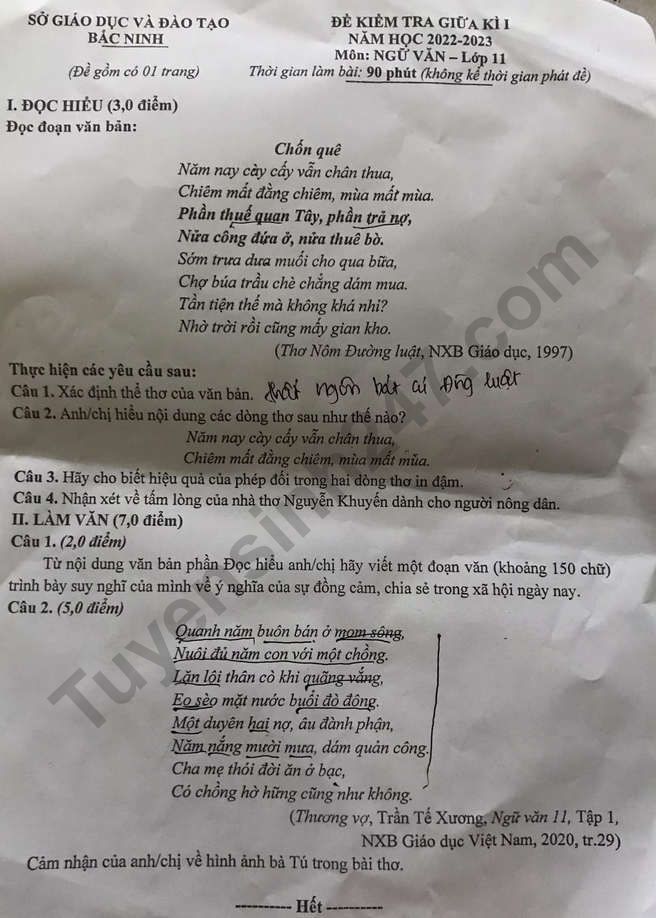 De giua ki 1 mon Van lop 11 nam 2022 - So GD Bac Ninh