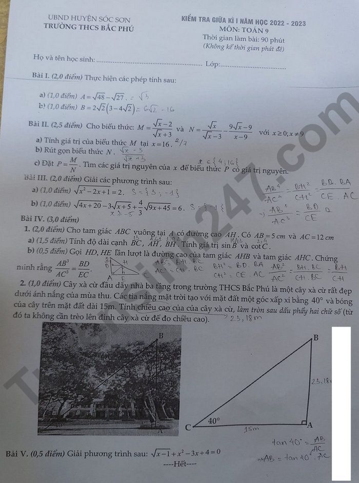 De thi giua ki 1 lop 9 2022 mon Toan - THCS Bac Phu