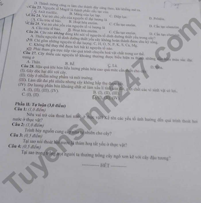 De thi GK 1 mon Sinh lop 11 - THPT So 1 TX Sapa 2022