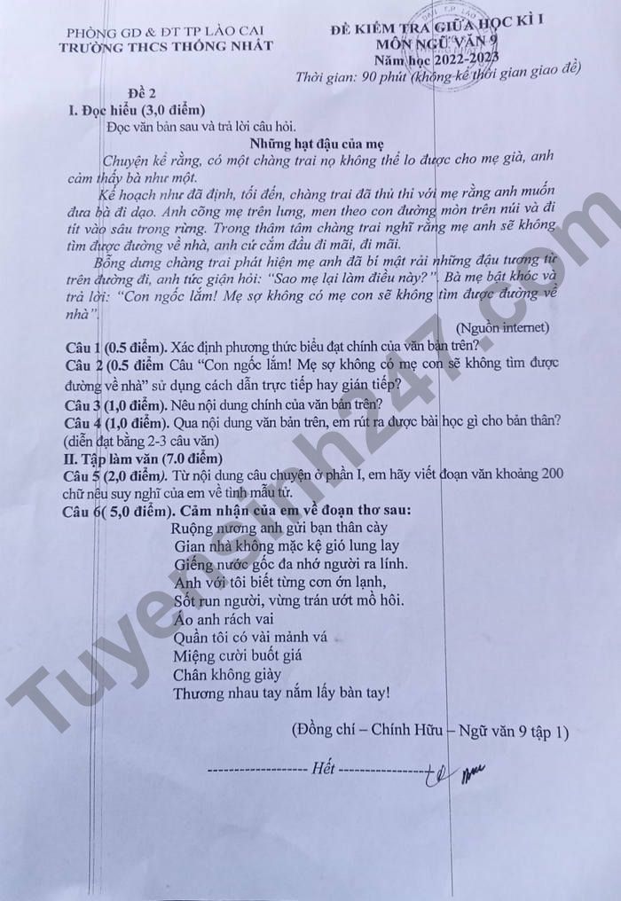 De thi GK lop 9 mon Van 2022 THCS Thong Nhat