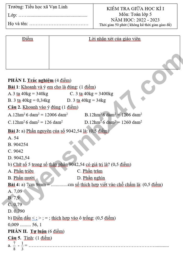 De kiem tra giua ki 1 mon Toan lop 5 nam 2022 TH Xa Van Linh