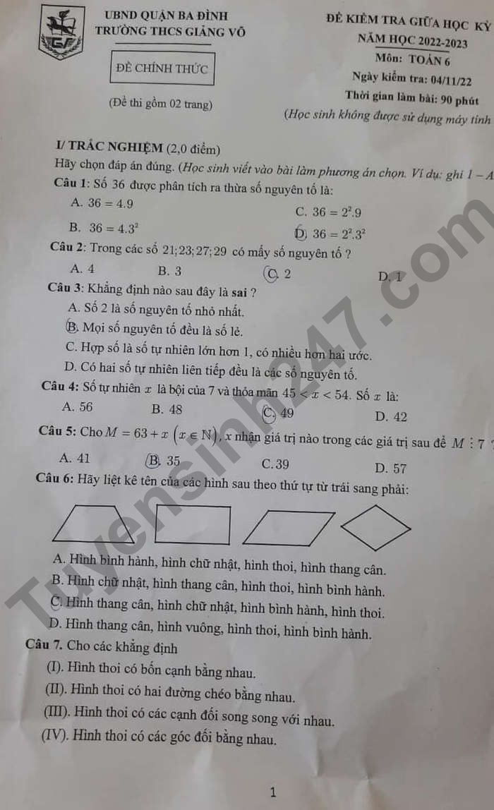 De kiem tra giua ki 1 mon Toan lop 6 THCS Giang Vo nam 2022