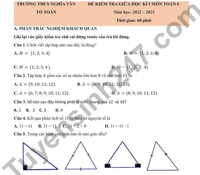 De kiem tra giua ki 1 mon Toan lop 6 THCS Nghia Tan 2022