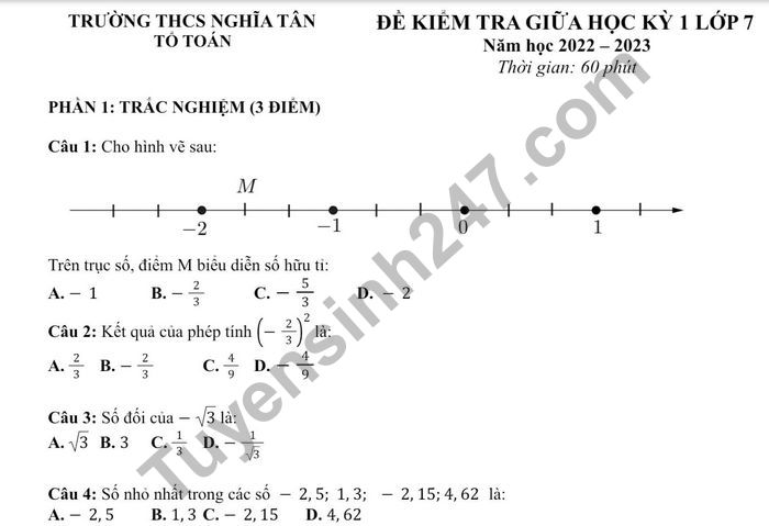 De thi GK 1 lop 7 mon Toan - THCS Nghia Tan 2022