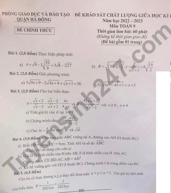 De kiem tra giua ki 1 lop 9 mon Toan Quan Ha Dong 2022