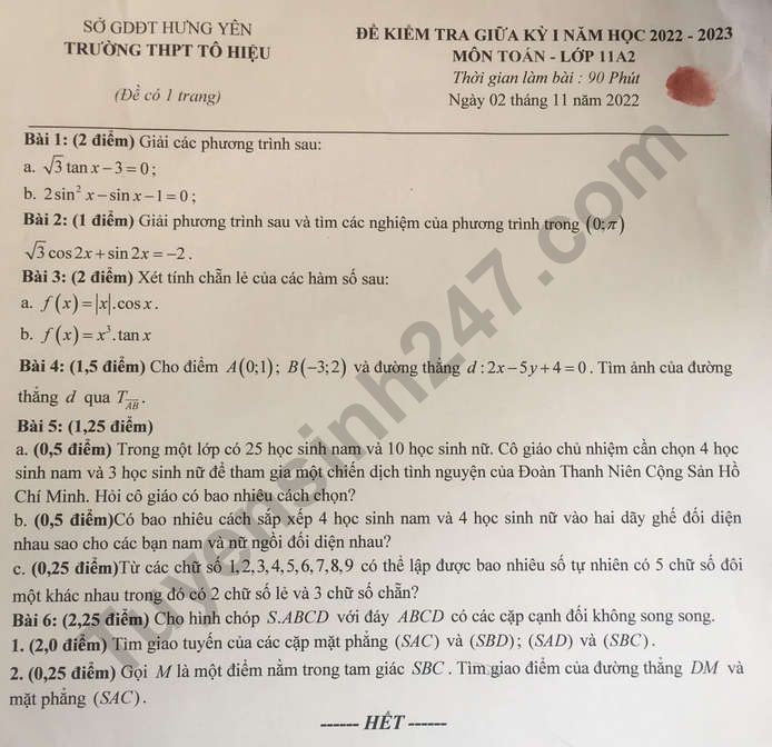 De thi giua ki 1 mon Toan lop 11 nam 2022 - THPT To Hieu