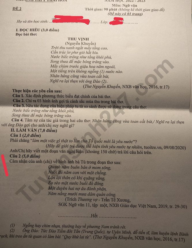 De giua ki 1 lop 11 mon Van nam 2022 - THPT Thai Hoa