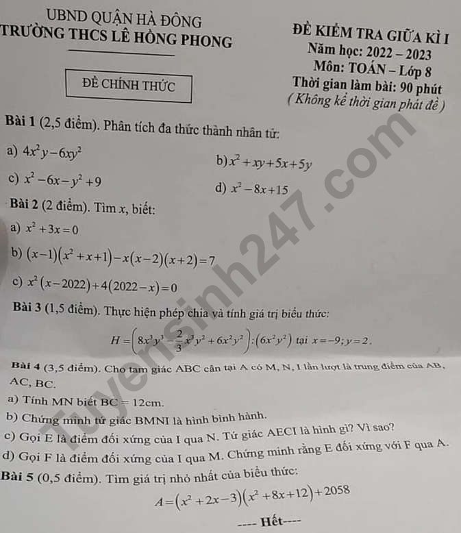 De thi giua ki 1 lop 8 mon Toan 2022 - THCS Le Hong Phong