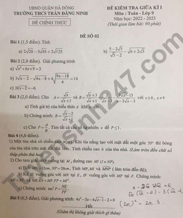 De kiem tra giua ki 1 mon Toan lop 9 nam 2022 - THCS Tran Dang Ninh