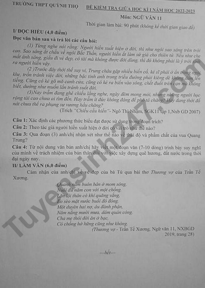 De kiem tra giua ki 1 mon Van lop 11 THPT Quynh Tho 2022