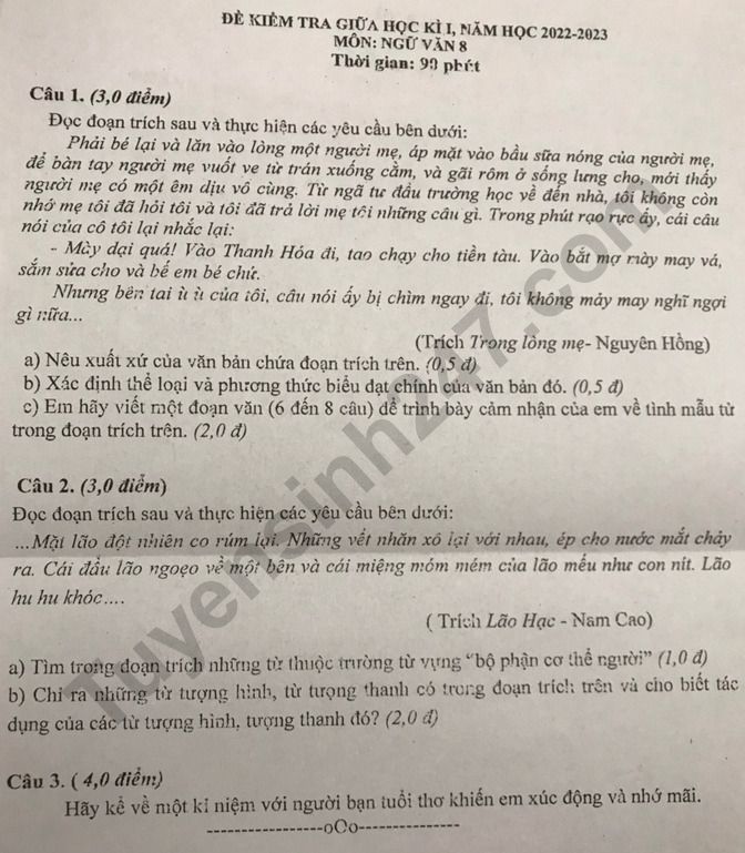 De giua ki 1 lop 8 mon Van 2022 - THCS Nguyen Thi Dinh