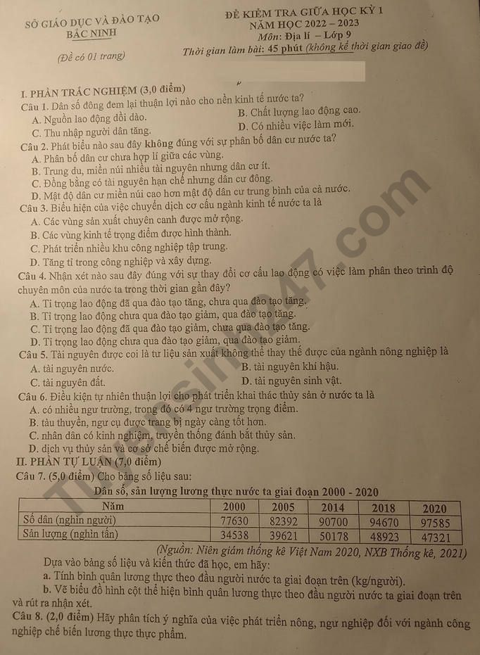 De giua ki 1 mon Dia lop 9 - So GD Bac Ninh 2022