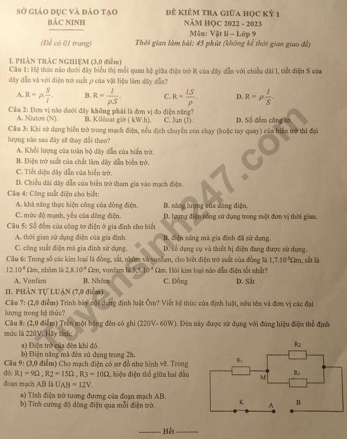 De kiem tra giua ki 1 lop 9 mon Ly 2022 - So GD Bac Ninh