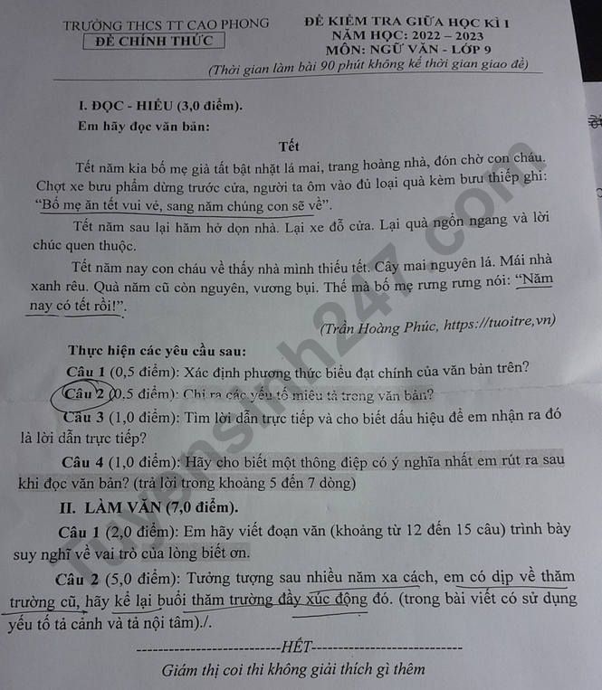 De giua ki 1 lop 9 mon Van - THCS Cao Phong 2022