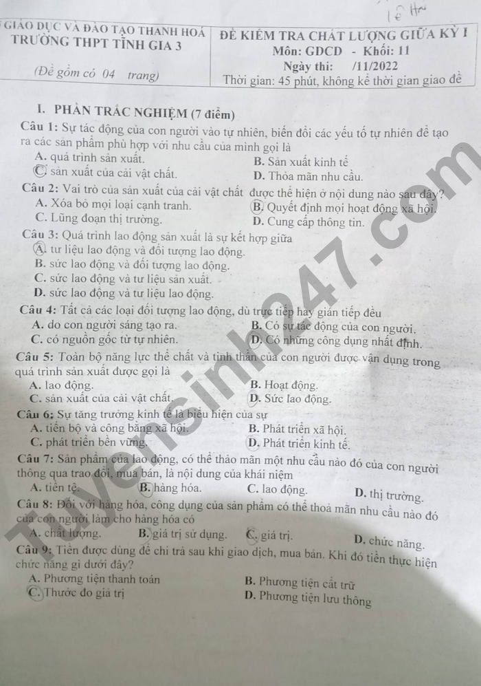 De kiem tra giua ki 1 mon GDCD lop 11 nam 2022 - THPT Tinh Gia 3