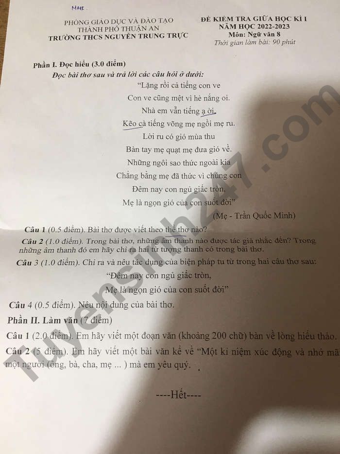 De thi giua ki 1 mon Van lop 8 THCS Nguyen Trung Truc nam 2022
